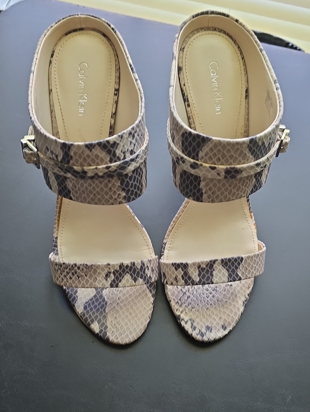 Calvin Klein Beige and Taupe Snake-Print Ankle Strap Heels